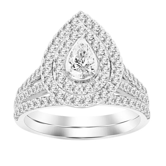 LADIES BRIDAL SET 1.00CT ROUND/PEAR DIAMOND 14K WHITE GOLD (CENTER STONE 0.20CT PEAR DIAMOND)