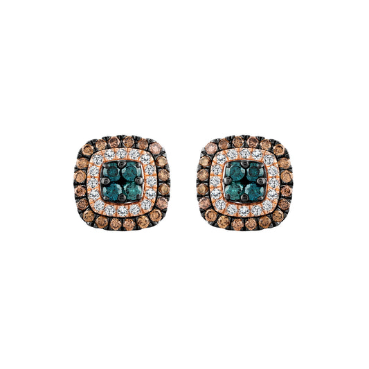 LADIES EARRINGS 1.00CT ROUND/DARK BROWN/BLUE DIAMOND 14K ROSE GOLD