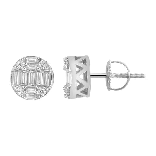 MEN'S EARRINGS 0.50CT ROUND/BAGUETTE DIAMOND 10K WHITE GOLD