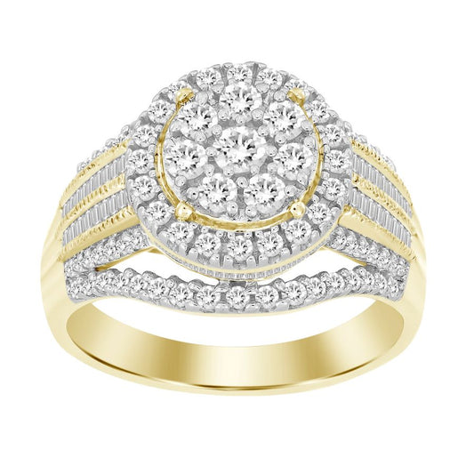LADIES FASHION RING 1.00CT ROUND/BAGUETTE DIAMOND 10K YELLOW GOLD