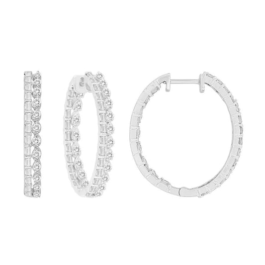 LADIES HOOP EARRINGS 1.00CT ROUND/BAGUETTE DIAMOND 10K WHITE GOLD