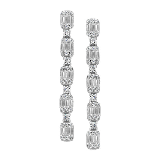 LADIES LINEAR EARRINGS 1.00CT ROUND/BAGUETTE DIAMOND 14K WHITE GOLD