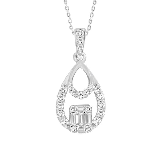 LADIES PENDANT WITH CHAIN 0.25CT ROUND/BAGUETTE DIAMOND 10K WHITE GOLD