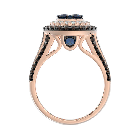 14K Rose Gold Multi Color Diamond Halo Ring 1.50Ct Blue, Dark Brown & Round Diamond Ladies Ring