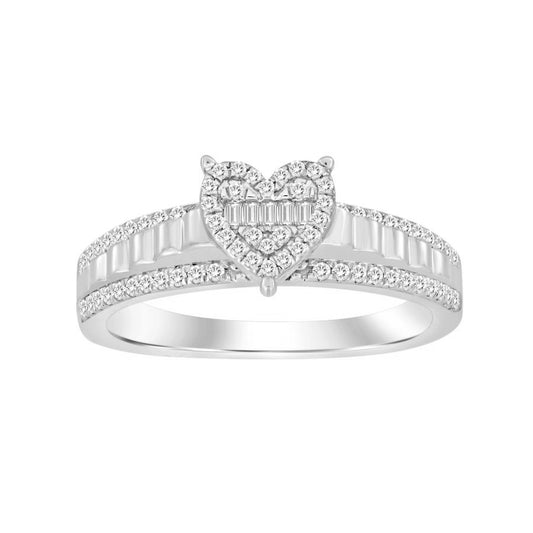 Sterling Silver Ladies 0.25CT Round & Baguette Diamond Heart-Shaped Fashion Ring