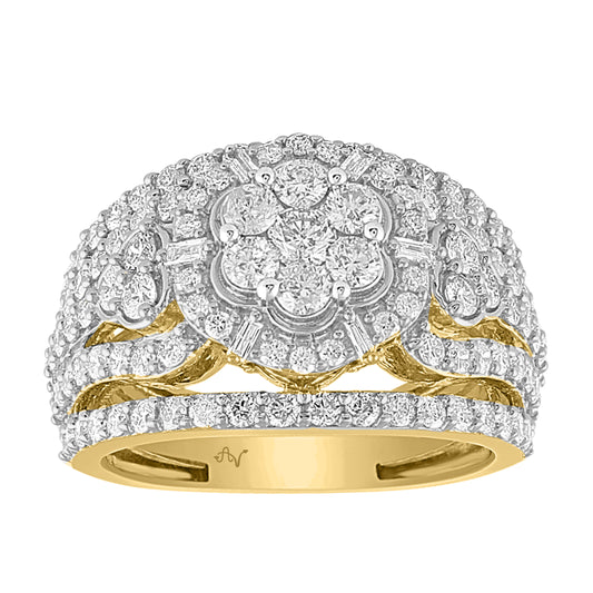 LADIES RING 2.00CT ROUND/BAGUETTE DIAMOND 10K YELLOW GOLD