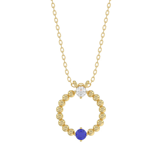 14K Yellow Gold 0.15Ct Blue Sapphire & Diamond Necklace For Women Natural Round Sapphire Ladies Jewelry