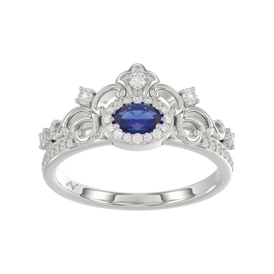 14K White Gold 0.45Ct Blue Sapphire & Round Diamond Engagement Ring For Women Oval Natural Sapphire Fashion Ring (Oval Blue Sapphire 0.30Ct)
