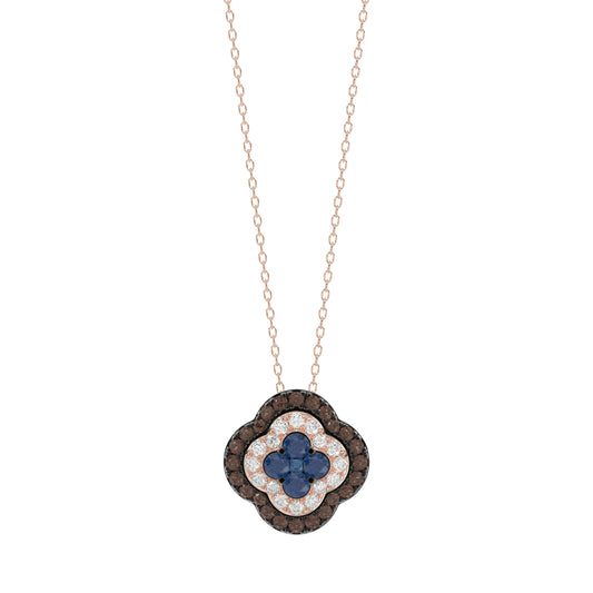Fashion Pendant 14K Rose Gold 0.60Ct Dark Brown & Blue Diamond Cluster Halo Pendant For Women Round Diamond Ladies Fine Jewelry