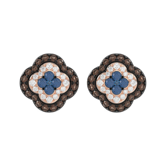 14K Rose Gold 1.00Ct Fancy Color Diamond Earrings Round Blue And Dark Brown Diamond Ladies Jewelry