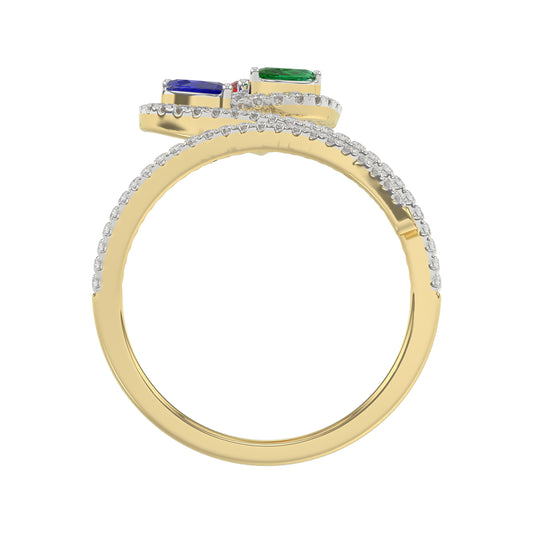 Elegant Multi-Stone 14K Yellow Gold 0.75Ct Ladies Ring With Ruby, Sapphire, Emerald, And Marquise Diamonds. A Classic And Colorful Luxury Jewelry Piec