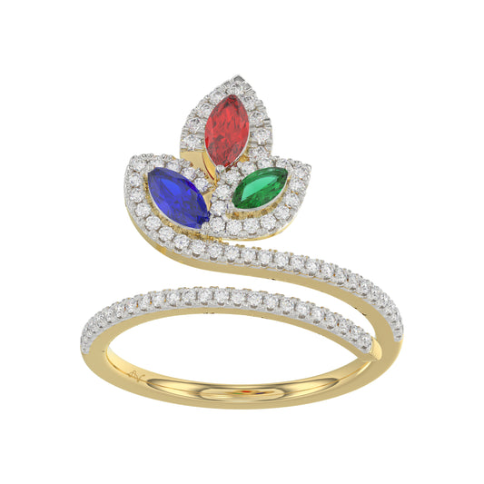 Elegant Multi-Stone 14K Yellow Gold 0.75Ct Ladies Ring With Ruby, Sapphire, Emerald, And Marquise Diamonds. A Classic And Colorful Luxury Jewelry Piec