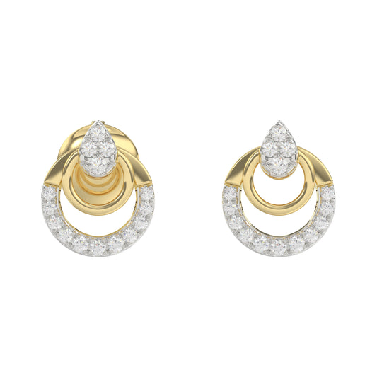 Stylish 10K Yellow Gold Ladies Diamond Earrings With Double Circle Design And 0.13 Ct Round Diamonds. A Timeless And Elegant Fashion Jewelry Piece