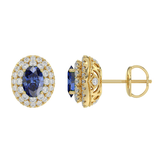 Luxury 14K Yellow Gold Earrings With Oval Sapphire And Round Diamond Accents. A Classic And Elegant 1.88Ct Fine Jewelry Design For Her.