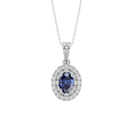 Elegant 14K White Gold Ladies Pendant Featuring Oval Sapphire And Round Diamond Accents 1.16Ct Includes Chain For A Complete Luxury Look.