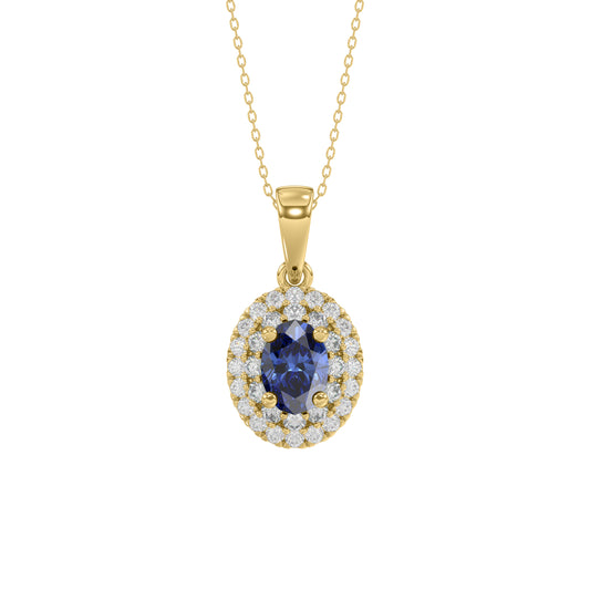 Elegant 14K Yellow Gold Ladies Pendant Featuring Oval Sapphire And Round Diamond Accents 1.16Ct Includes Chain For A Complete Luxury Look.