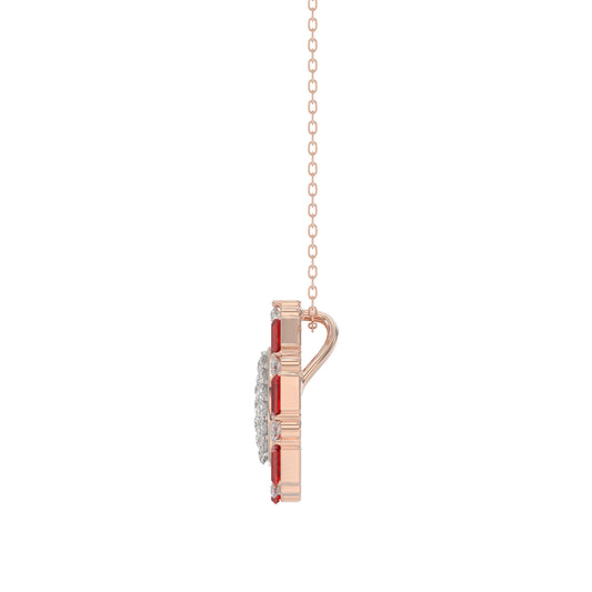 Elegant 14K Rose Gold Ladies Pendant Featuring Ruby And Diamond Accents With Round And Baguette Cut 0.50 Ct. Includes Chain For A Complete Look.