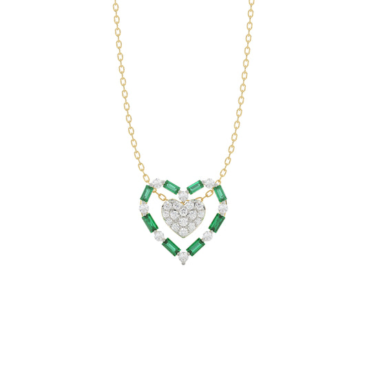 LADIES PENDANT 0.35CT ROUND/GREEN EMERALD BAGUETTE DIAMOND 14K YELLOW GOLD