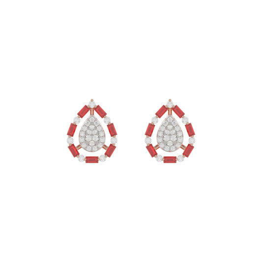 Elegant 14K Rose Gold Ladies Earrings Featuring Ruby And Diamond Accents With Round And Baguette Cuts 0.88Ct. A Luxurious Fine Jewelry Design.