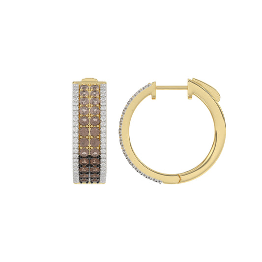 LADIES HOOPS EARRING 1.50CT ROUND/ROUND DARK BROWN DIAMOND 14K YELLOW GOLD