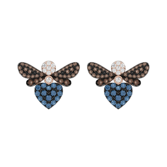 14K Rose Gold Ladies Butterfly Earring With Colorful Diamond Accents In Blue, Dark Brown, And Round Cuts. A Stylish 0.75 Ct Jewelry Earring