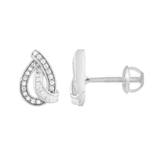 LADIES EARRINGS 0.20CT ROUND/BAGUETTE DIAMOND 10K WHITE GOLD