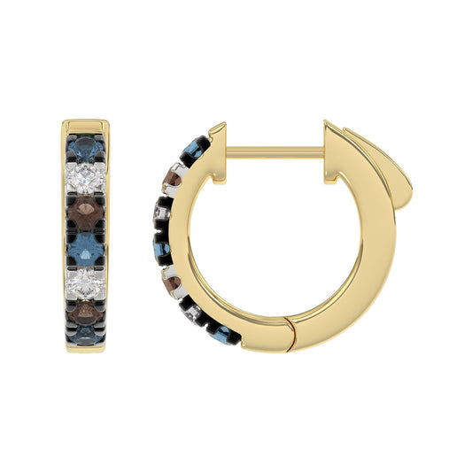 14K Yellow Gold 0.50CT Multi-Color Diamond Huggie Hoop Earrings Round Cut Blue, White Round &Dark Brown Diamonds