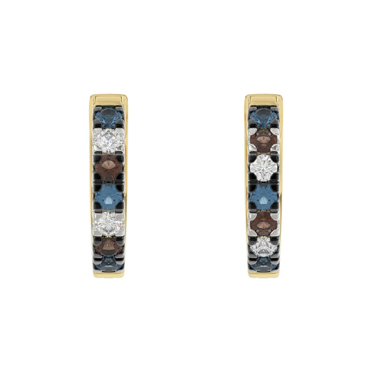 14K Yellow Gold 0.50CT Multi-Color Diamond Huggie Hoop Earrings Round Cut Blue, White Round &Dark Brown Diamonds