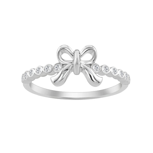 Sterling Silver Ladies 0.10CT Round Diamond Bow Design Engagement Ring Elegant Romantic Jewelry Gift