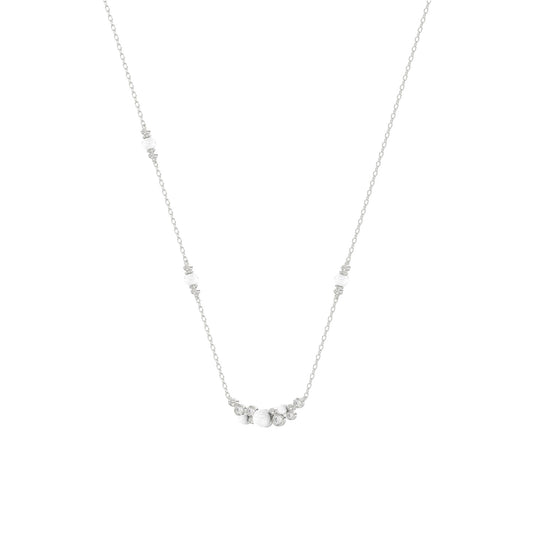 14K White Gold 0.16Ct Ladies Pearl Necklace Round Diamond Bezel Design