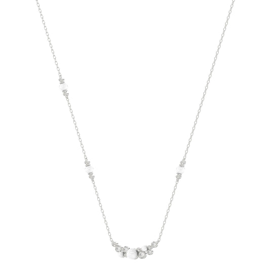 Elegant 14K White Gold Ladies Necklace With Pearl Centerpiece And Round Diamond Accents 0.16Ct. Perfect For Everyday Elegance Or Gifting.