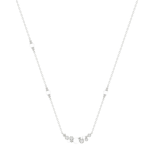 Elegant 14K White Gold Ladies Necklace With Pearl Centerpiece And Round Diamond Accents 0.16Ct. Perfect For Everyday Elegance Or Gifting.