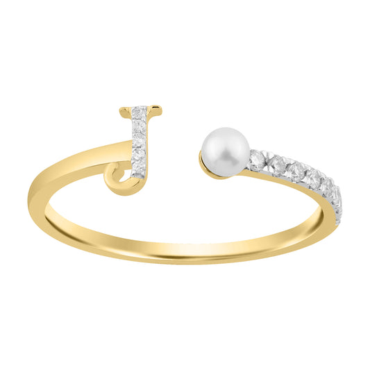 10K Yellow Gold Ladies 0.10CT Round Diamond Pearl “J” Alphabet Ring Elegant Initial Jewelry