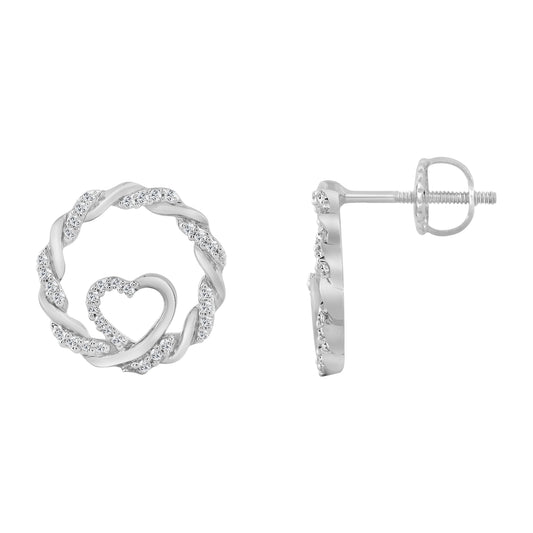 LADIES 10K WHITE GOLD 0.15CT TWISTED CIRCLE ROUND DIAMOND HEART EARRINGS