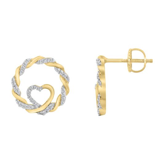 LADIES 10K YELLOW GOLD 0.15CT TWISTED CIRCLE ROUND DIAMOND HEART EARRINGS