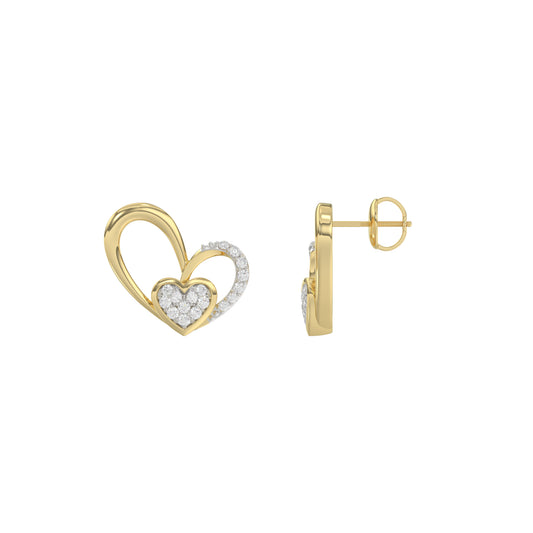Elegant 10K Yellow Gold Fashion Earrings Featuring A Double Heart Design With 0.15 Ct Round Diamonds. A Romantic And Stylish Ladies Jewelry