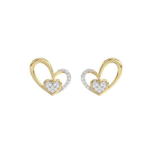 Elegant 10K Yellow Gold Fashion Earrings Featuring A Double Heart Design With 0.15 Ct Round Diamonds. A Romantic And Stylish Ladies Jewelry