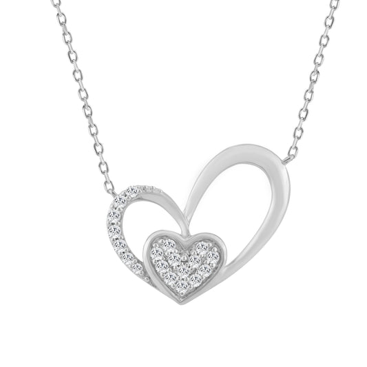 10K WHITE GOLD DOUBLE HEART DIAMOND PENDANT WITH CHAIN 0.15CT ROUND DIAMOND LADIES JEWELRY