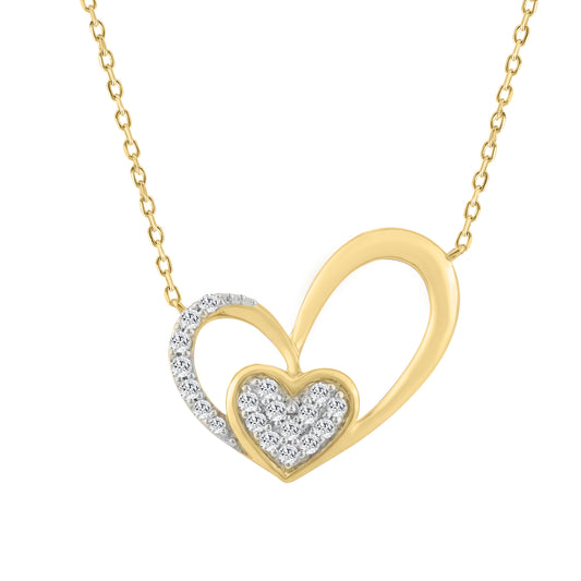 10K YELLOW GOLD DOUBLE HEART DIAMOND PENDANT WITH CHAIN 0.15CT ROUND DIAMOND LADIES JEWELRY