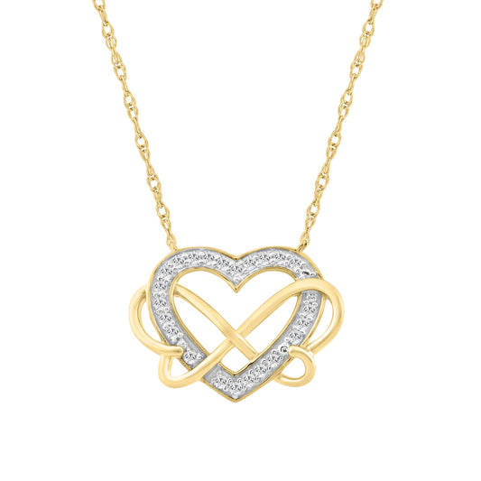 10K YELLOW GOLD LADIES INFINITY HEART PENDANT 0.15CT ROUND DIAMOND, INCLUDES CHAIN