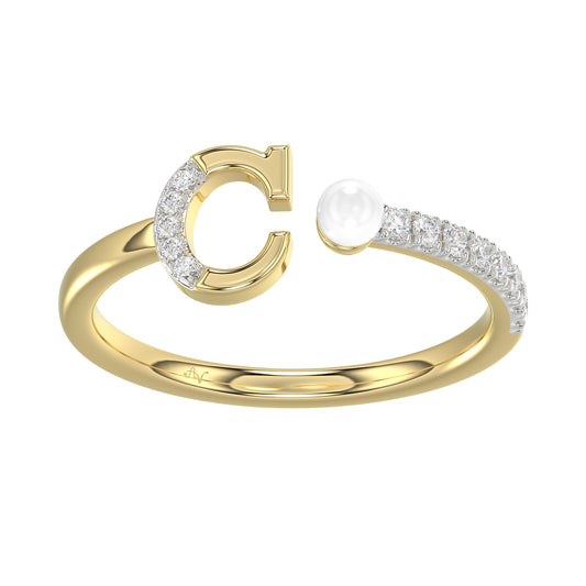 Women�S 10K Yellow Gold Letter �C� Diamond & Pearl Ring 0.10Ct Round Diamond Fine Jewelry