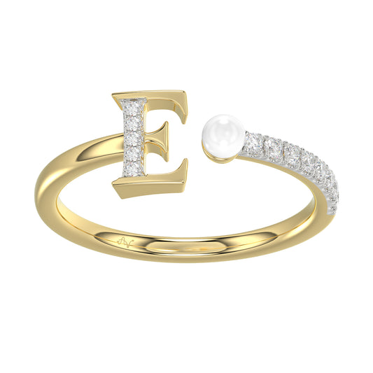 Women�S 10K Yellow Gold Letter �E� Diamond & Pearl Ring 0.10Ct Round Diamond Fine Jewelry