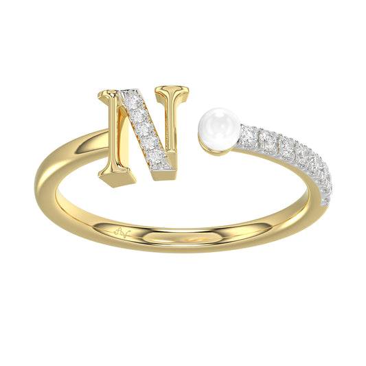 Women�S 10K Yellow Gold Letter �N� Diamond & Pearl Ring 0.10Ct Round Diamond Fine Jewelry