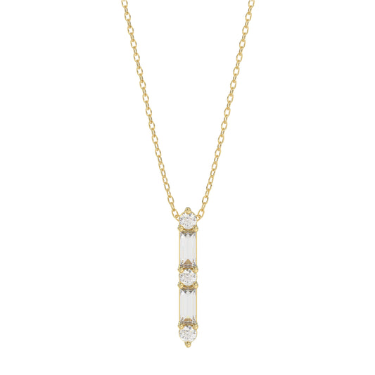 10K Yellow Gold 0.10Ct Diamond Pendant With Chain Featuring Round And Baguette Accents. A Simple Yet Sophisticated Ladies Fine Jewelry Piece.