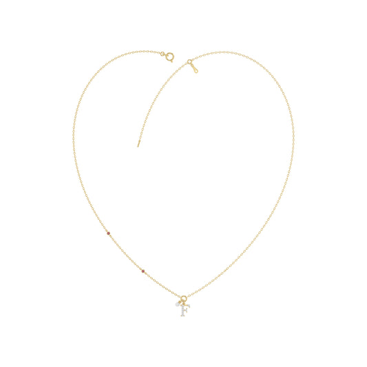 Stylish 10K Yellow Gold Ladies “F” Letter Necklace Featuring Round Ruby Diamonds And Pearl Accents. A Delicate And Personalized Fine Jewelry