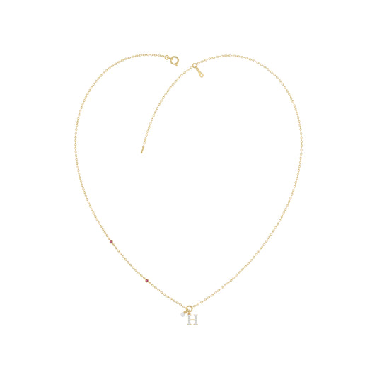 Stylish 10K Yellow Gold Ladies “H” Letter Necklace Featuring Round Ruby Diamonds And Pearl Accents. A Delicate And Personalized Fine Jewelry