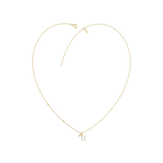 Stylish 10K Yellow Gold Ladies “H” Letter Necklace Featuring Round Ruby Diamonds And Pearl Accents. A Delicate And Personalized Fine Jewelry