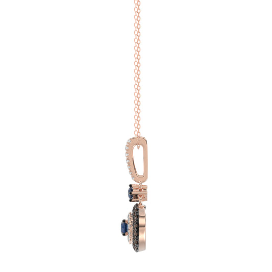 Luxury 14K Rose Gold Ladies Pendant With Chain Featuring Blue And Dark Brown & Round Diamonds. 0.50 Ct Elegant Jewelry Piece Perfect For Gifting.