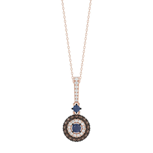 Luxury 14K Rose Gold Ladies Pendant With Chain Featuring Blue And Dark Brown & Round Diamonds. 0.50 Ct Elegant Jewelry Piece Perfect For Gifting.
