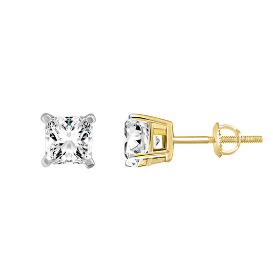 Luxury 14K Yellow Gold Solitaire 1.00Ct Princess Cut Diamond Fashion Earrings
